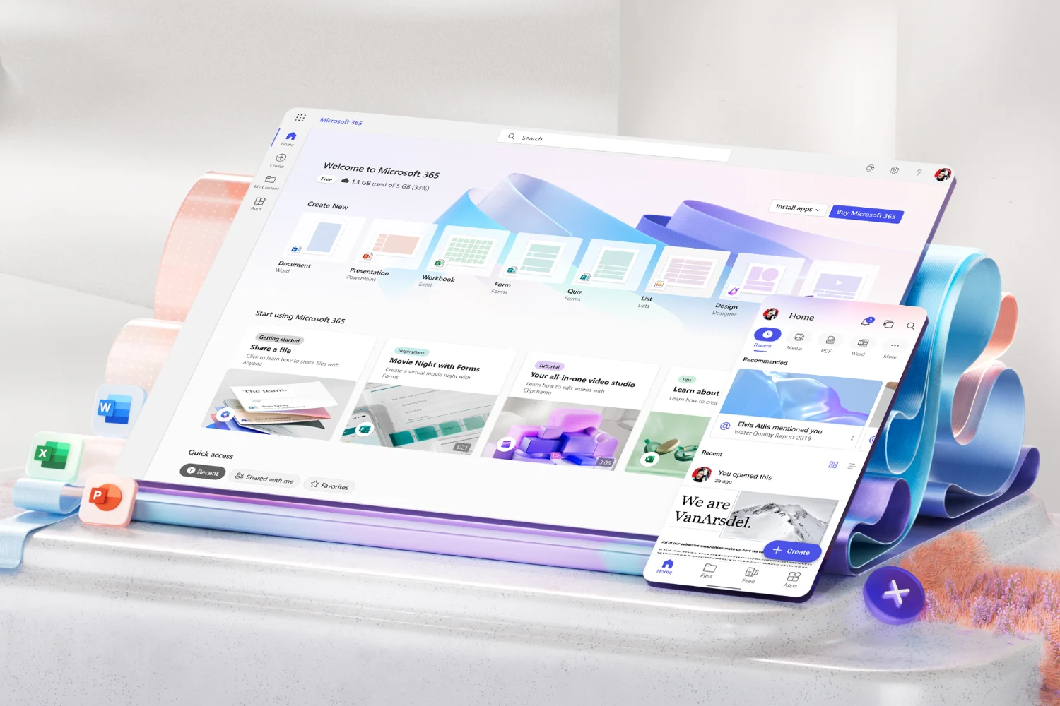 „Microsoft 365” pradinis ekranas planšetėje ir telefone su Word, Excel ir PowerPoint